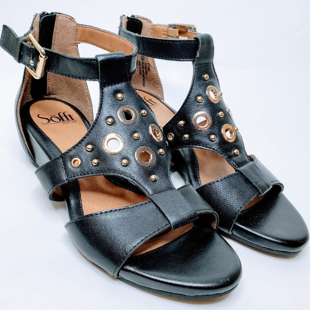 NIB Sofft Gretchen Black/Gold Ankle Strap Sandals